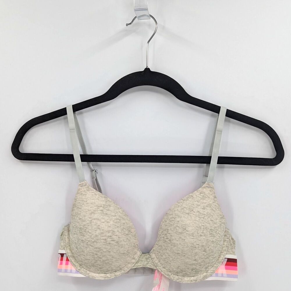 Victoria's Secret PINK Bra Women's 32B Gray Heather Logo T-shirt Lightly Lined